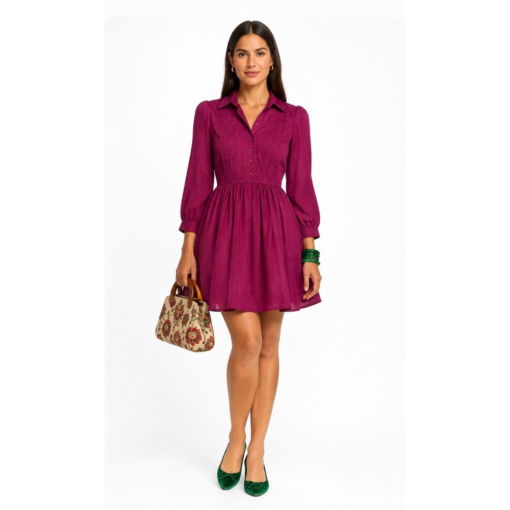 Gail Gray Women XS Long Sleeve Button Front Pleated Midi Dress Stretch Berry VTG